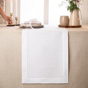 D'Moksha Homes Linen White Table Runner 90 Inches Long - Classic Hemstitch 100% Pure Linen White Dining Table Runner 14 x 90 Inch for Summer, Fall and Halloween