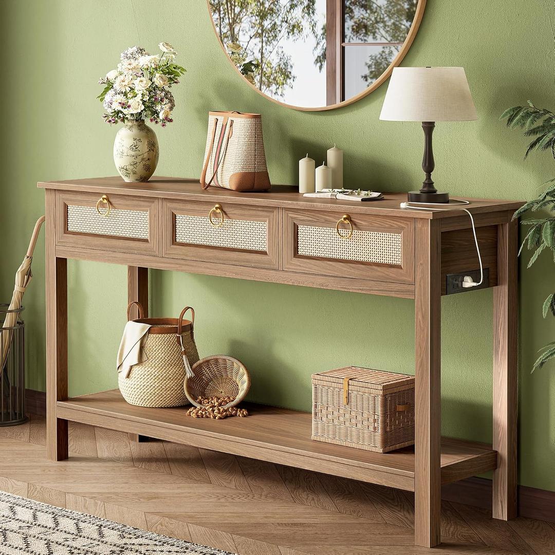 SUPERJARE Rattan Console Sofa Table with Outlets and USB-C Port, 3 Drawer Entryway Table with Synthetic Rattan Surface, Open Shelf, Behind Couch Entry Foyer Hallway Storage, Brown (11"D x 47.2"W x 31.5"H)