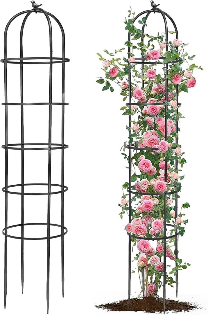 1 Pack 7Ft Heavy Duty Metal Garden Obelisk Trellis for Climbing Plants, Rust-Resistant Steel Vine Support Bird Finial for Rose Clematis, Potted Flowers Stand Indoor Outdoor Decor (Black)