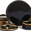Christian Siriano Solene Stoneware Dinnerware, 12-Piece Plates and Bowls Set, Dish Set for 4, Black with Gold Rim, Glossy Finish, Hand Wash Only