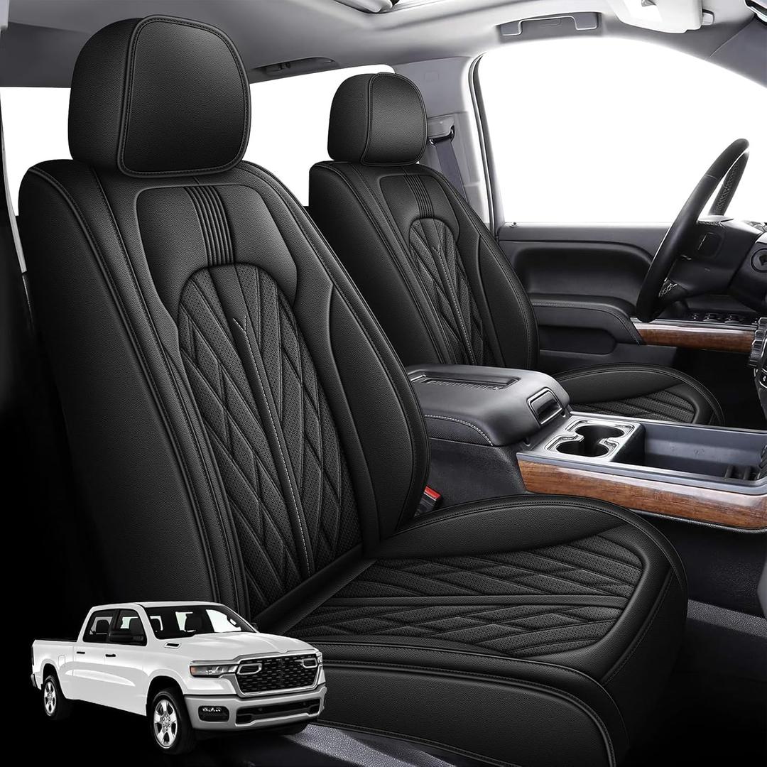 Car Seat Covers Front Set Fit for Dodge RAM 2002-2025 1500 2500 3500 Truck Pickup Crew Quad Cab with Curved Bench (Black, Front)
