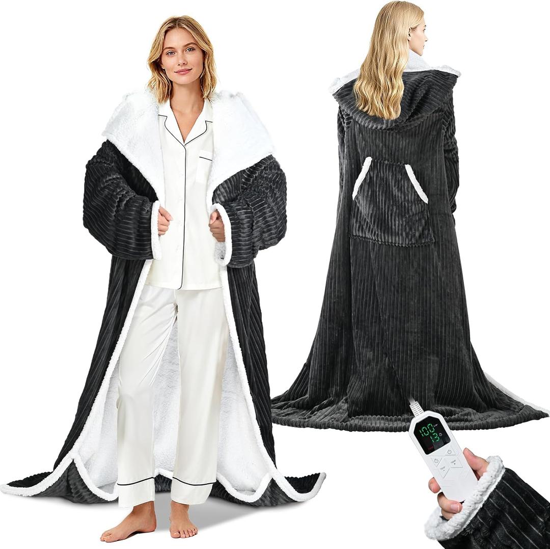 Electric Wearable Blanket with Foot Pocket, Heated Throw Blankets for Women, Snuggle Shawl Wraps with Sleeves (Black)