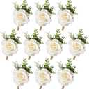 Ivory Rose Boutonniere for Men Wedding Set of 10 Groom Groomsmen Best Man Artificial Flowers Boutonniere for Wedding Ceremony Anniversary Prom Flowers Formal Dinner Party (10, White, Middle)