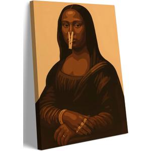 Black Mona Lisa Bathroom Canvas Wall Art Funny Mona Lisa Pinching Nose Wall Decor Painting Pictures Black Woman Poster Print Artwork for Toilet Shower Room Home Decoration Can be hung directly (16"L x 12"W)