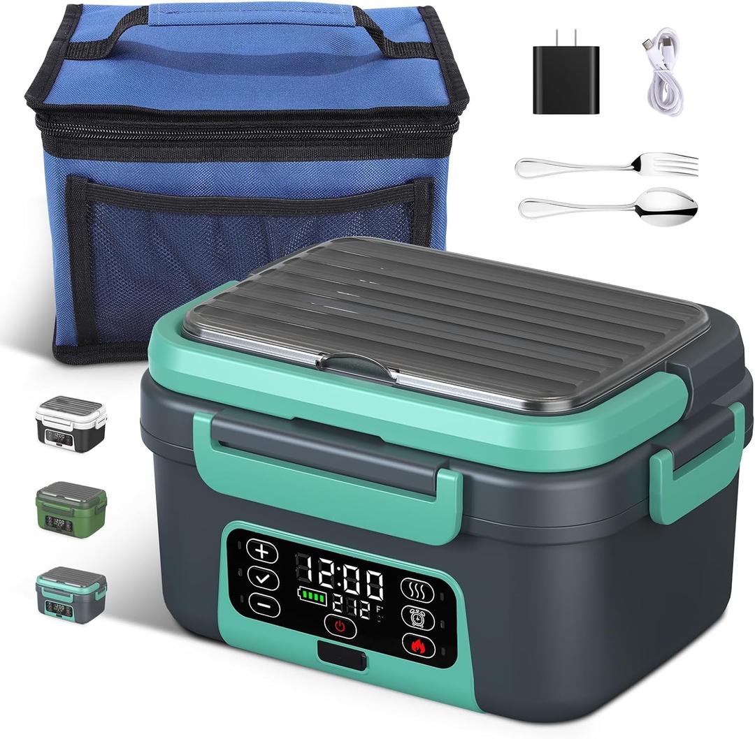 Cordless Electric Heated Lunch Box, 1.5L - 6.3 Cups 20000 mAh 100W Rechargeable Smart Self-Heating Food Warmer with Removable Divider, Spoon, Fork, BPA Free, Portable Lunchbox for Car Travel Office (Green)