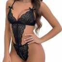 Sexy Lingerie for Women Deep V Teddy Bodysuit Sheer Lace One Piece Babydoll with Adjustable Strap (Black)