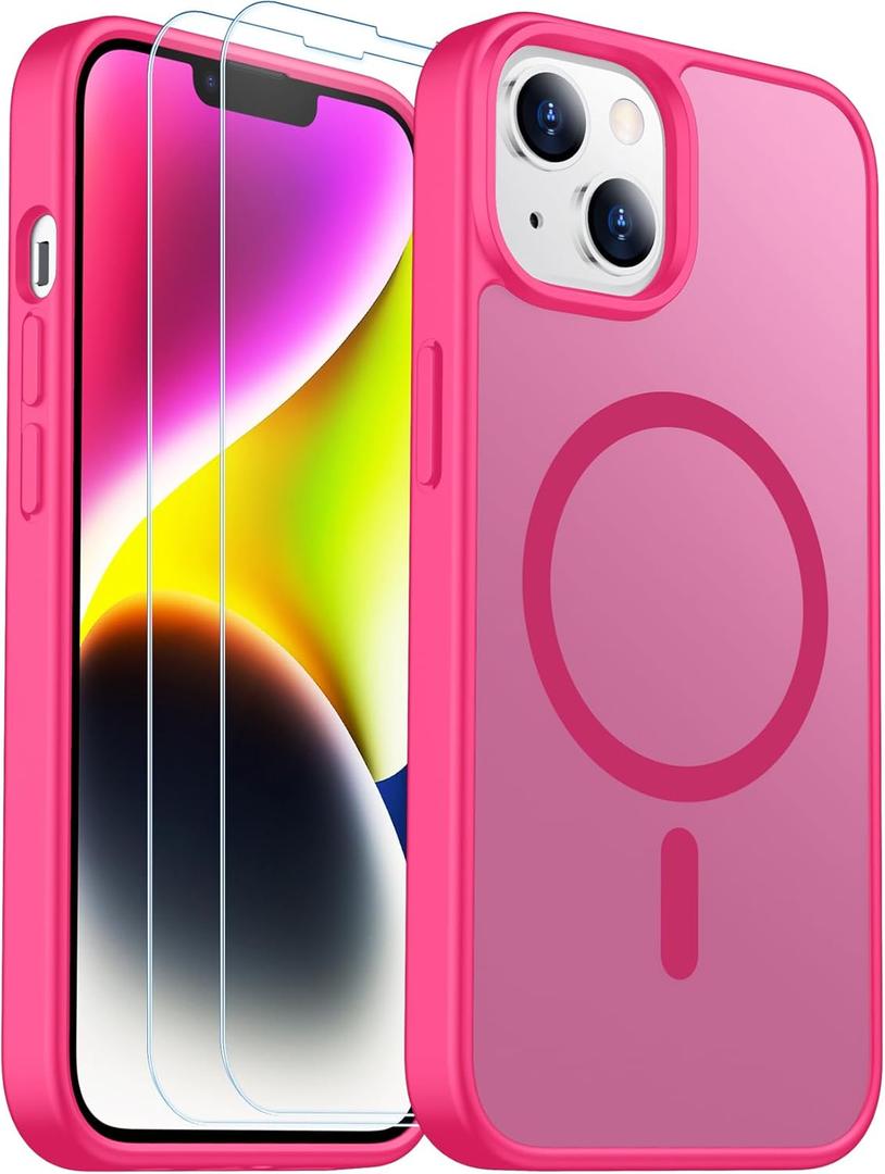 3 x SPIDERCASE Designed for iPhone 14 Plus Case, Magnetic Translucent [2 Pack Tempered Glass Screen Protector] Anti-Fingerprint Anti-Scratch Case for iPhone 14 Plus 6.7,Hot Pink