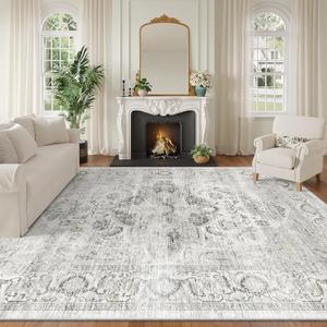 Washable 8x10 Area Rug - Large Soft Rugs for Living Room Vintage Stain Resistant Carpet for Bedroom with Non Slip Backing Home Decor Indoor Floor Mat (Ivory/Gray,8'x10')
