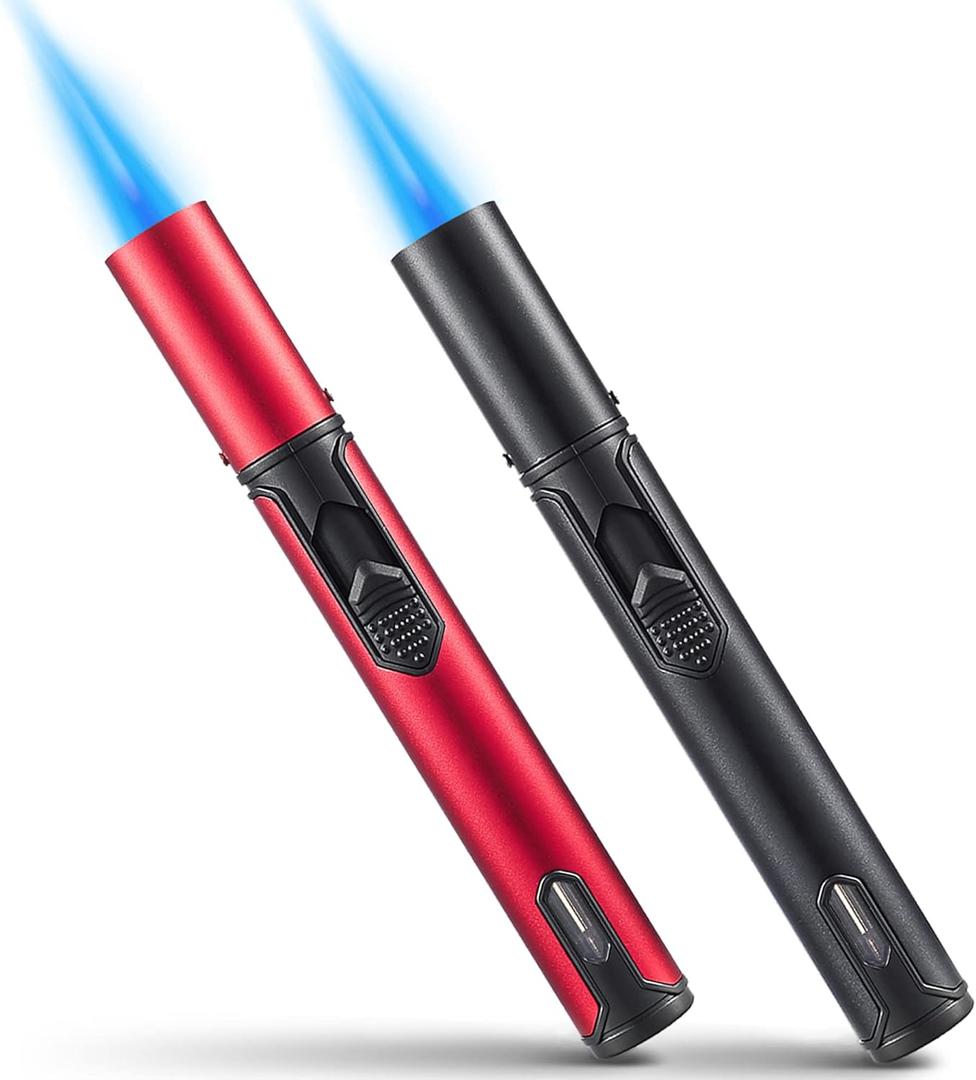 Urgrette 2 Pack Butane Torch Lighter, 6-inch Refillable Pen Lighter Adjustable Jet Flame Butane Lighter for Grill BBQ Candle Camping (Gas Not Included) Raven & Ruby (Black+red)