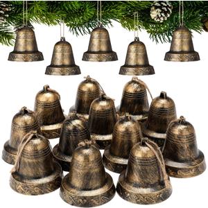 Soulchen 12 Pcs Jumbo Christmas Vintage Bells Ornaments 3.4'' Plastic Large Hanging Bells Christmas Tree Ornament for DIY Crafts Decor(Brass)