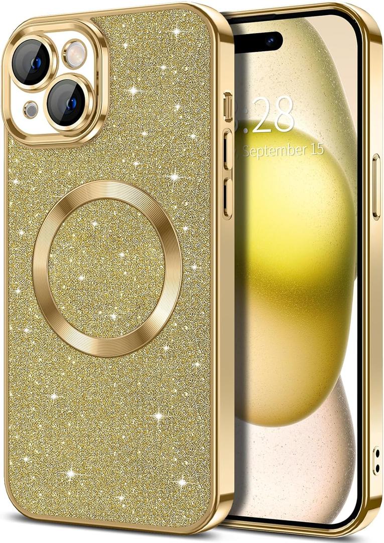 Hython for iPhone 15 Plus Case Glitter, Clear Magnetic Phone Cases with Camera Lens Protector [Compatible with MagSafe] Bling Sparkle Plating Soft TPU Shockproof Protective Cover Women Girls, Gold