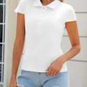 Womens Deep V Neck Tops Casual Cap Sleeve Polo Shirts Collared Button Up Ribbed Knit Tees (White, L)