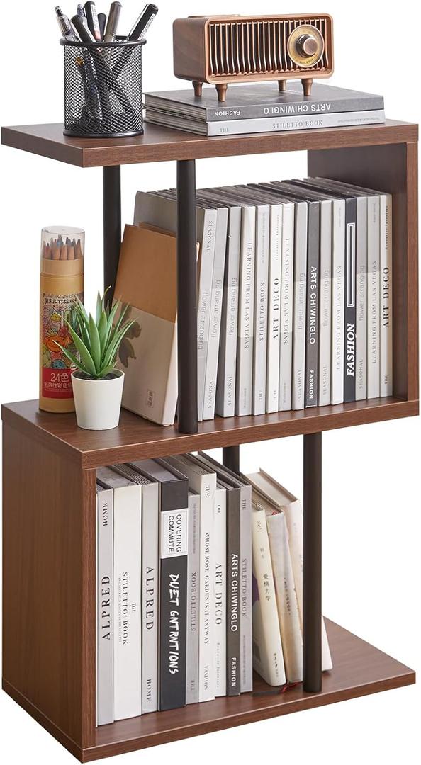 S-Shaped Side Table, 3-Tier End Table with Open Storage Shelves, Non-Slip Feet, Modern Style Nightstand, Narrow Side Table for Small Space Living Room Bedroom Light Walnut YD-ST003LW