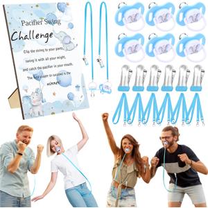 Geelin 6 Sets Swing Pacifier Shower Game Funny Gender Reveal Games, Include 1 Wooden Sign, 6 Pacifiers, 6 Clips, 6 Lanyards for Bridal Shower Gender Reveal Party Favor Women Men(Blue Elephant)