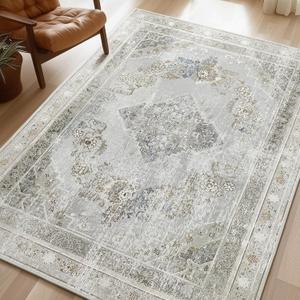 Phantoscope Washable Area Rug 6'x9' Non-Slip, Vintage Neutral Rugs for Living Room, Bedroom, Dining Room, Distressed Boho Medallion Pattern, Low-Pile Foldable Floor Carpet, Silver Grey/Taupe