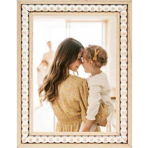 OMISHE Wood 5x7 Picture Frame with Decorative Beads for Wall Decor or Tabletop, Boho Rustic Handcrafted 5 x 7 Frame with Shatter Resitant Plexiglass, Distressed White