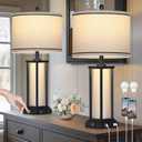 27" Tall Vintage Table Lamp Set of 2 with USB C+A & Outlet,Black Industrial End Table Lamp for Living Room,Farmhouse Rustic Bedside Lamps with Frosted Glass Night Light for Bedroom Nightstand,Black