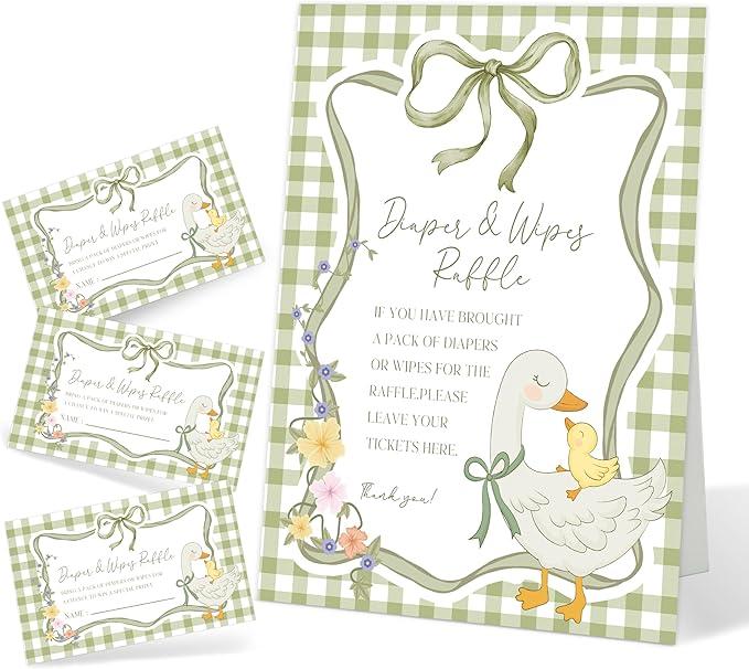 Diaper and Wipes Raffle Baby Shower Game, Silly Goose Diaper Raffle Sign and 50 Cards, Mother Goose and Gosling Bow Gender Reveal Games For Guests, Baby Announcements Ideas Decoration Supplies, 17