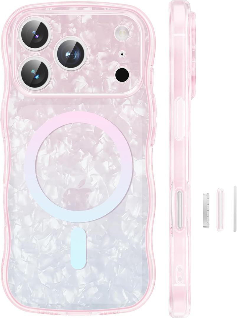 GVIEWIN Magnetic for iPhone 17 Pro Case, [Full Camera Protection] [Compatible with MagSafe] Curly Wavy Frame Gradient Sparkly Glitter Women Girls Phone Cover for 17 Pro 6.3", Pink Blue