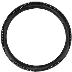 Fashion Steering Wheel Cover Black Lychee Pattern with Luxury Crystal Rhinestone M Size 38cm/15 Diameter