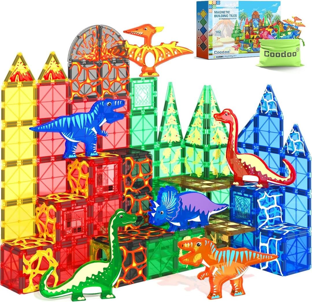 102PCS Dinosaur Toys Magnetic Tiles with 8 Dinosaurs - Jurassic Scenes Dinosaur World Adventure Set, Magnetic Blocks Kids Toys for Boys & Girls Ages 3+, Sensory Toddler Creative Kids Games Gifts