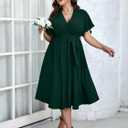 SCOMCHIC Womens Plus Size Wedding Guest Cocktail Midi Dress Summer Short Sleeve Wrap V Neck Belted A-Line Flowy Dress (Green, XXL)