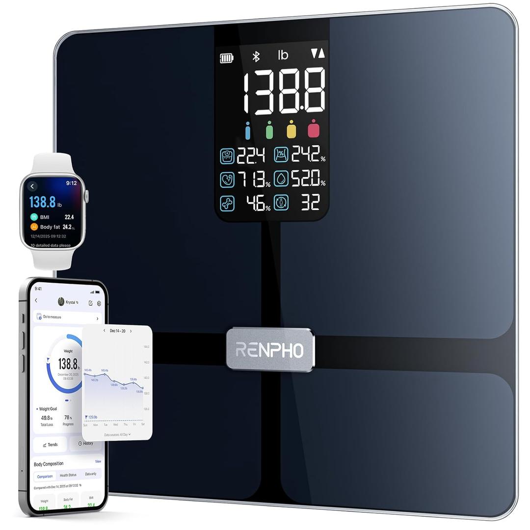 RENPHO Scale for Body Weight, Smart Scale with BMI, Body Fat, Muscle Mass, Bluetooth, 13 Metrics with Large Display, Support App Connection, Black, Elis 2X (11"/280mm)