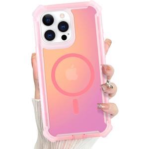 Bonoma for iPhone 15 Pro Max Case, Iridescent Back, Magnetic Support for MagSafe Shockproof Cover, Crystal and Corner High-Duty Protection for Girls Women -Pink