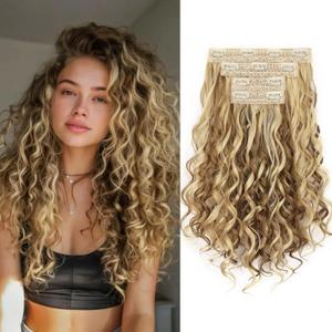 LEEONS Curly Clip in Hair Extensions, 4PCS 16 inch Curly/Wavy Hair Extensions Clip ins - Lace Weft Soft Natural Hairpieces for Women (Brown with Blonde Highlights)