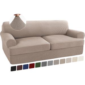 Turquoize 3 Piece T Cushion Sofa Slipcovers Stretch Couch Cover Furniture Covers with 2 Individual T Cushion Covers, Machine Washable (2 Cushion Sofa, Sand)