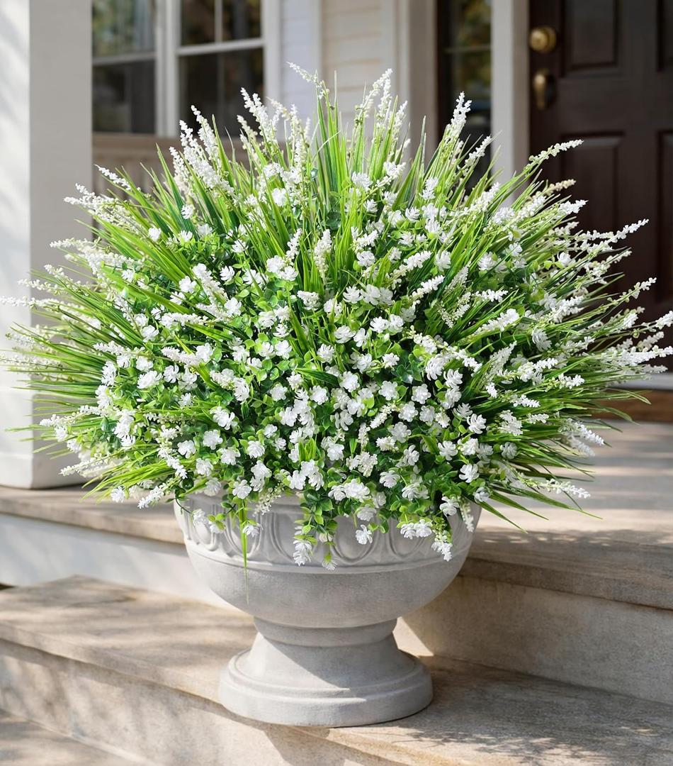 HyeFlora 20 Bundles Artificial Fake Outdoor Plants Flowers for Spring Decoration, UV Resistant Realistic White Plastic Flowers Faux Plant Monkey Grass for Planter Home Garden Porch Patio Window Box