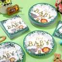 Umigy 100 Pcs Baby Shower Decorations Set for 50 Guests Baby Shower Paper Plates and Napkins for Gender Reveal Disposable Utensils Tableware Birthday Party Supplies(Safari Animals)