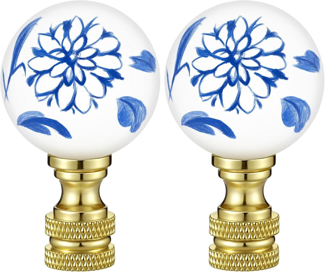 Retisee 2 Pcs 1.2 Inch Blue and White Porcelain Floral Ball Finials for Lamps Thread Size 1/4-27 Finial Lamp Shade Top Screw Lamp Topper Knob Ceramic Decorative Chinoiserie Finials Polished Brass Base