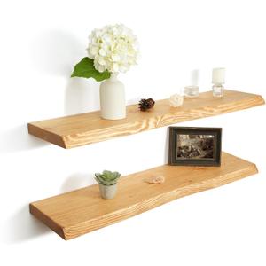 36 Inch Wooden Floating Shelves for Wall Set of 2, Finnish Spruce Solid Wood Shelf, Natural Wood Floating Shelves for Living Room, Bathroom, Bedroom, Kitchen, Natural Finish, Live Edge, 36"L, 2Packs