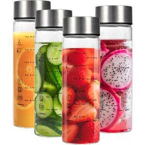 4 Pcs 16oz Glass Juice Bottles with Lids, Wide Mouth Glass Water Bottles with Measurement Markings Reusable Borosilicate Bottle for Juicing Smoothies Beverages, Leakproof Stainless Steel Caps