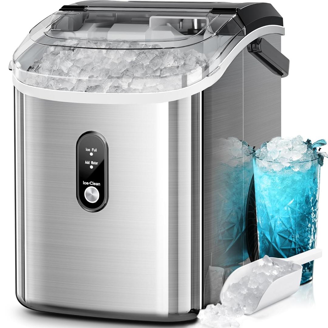 Kismile Nugget Ice Makers Countertop, 35Lbs/24H, Portable Sonic Ice Machine with Self-Cleaning/One-Click Operation for Home/Office(Stainless Steel Silver)