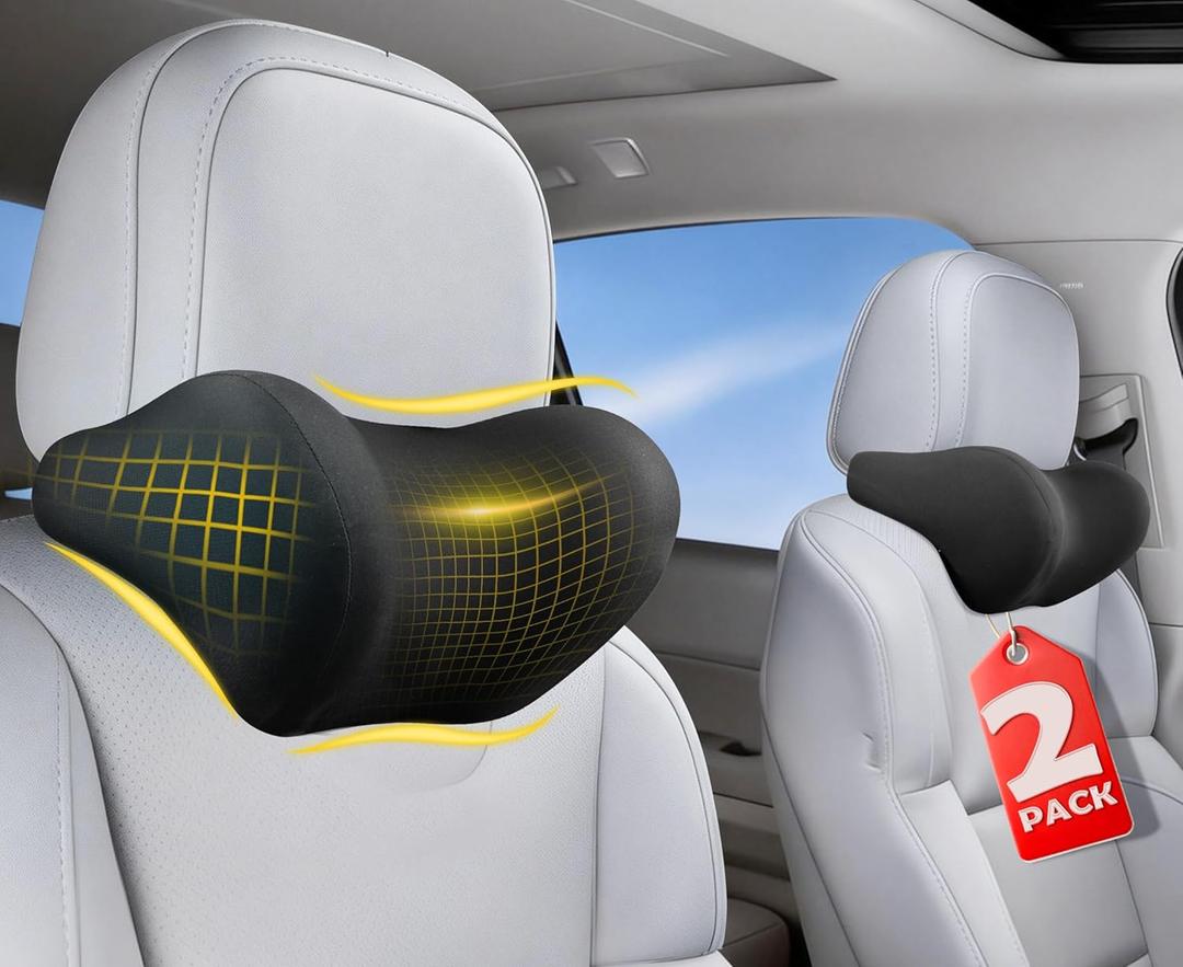 2-Pack Car Neck Pillow: Ergonomic Memory Foam Car Headrest Pillow, Neck Support Pillow for Long Drives, Headrest Support Cushion for Pain Relief, Universal Fit for Cars, SUVs & Trucks  Black
