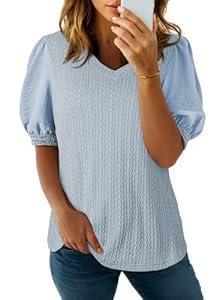 SHEWIN Womens Summer Tops 2025 Casual Short Sleeve Shirts V Neck Textured Work Blouses for Women Dressy Casual, S, Blue
