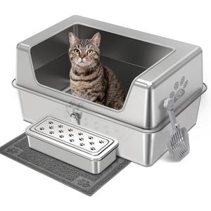Stainless Steel Cat Litter Box with Lid, Extra Large Cat Litter Box for Large Cat, Metal Litter Pan with High Sided Enclosed and Scoop, Front & Top Entry, Anti-Leakage, Easy to Clean, Grey