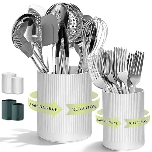 HOMQUEN 360° Rotating Utensil Holder, 6.3''+4.7'' Plastic Kitchen Utensil Holder for Countertop, Large Cooking Utensil Crocks for Kitchen Decor, Utensil Organizer for Spatula, Set of 2 (White)