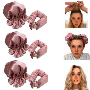 Satin Heatless Hair Curler 3 Sets, Heatless Curls for All Hair Types with Hair Caps, No Heat Curlers to Sleep In (Lotus root starch)