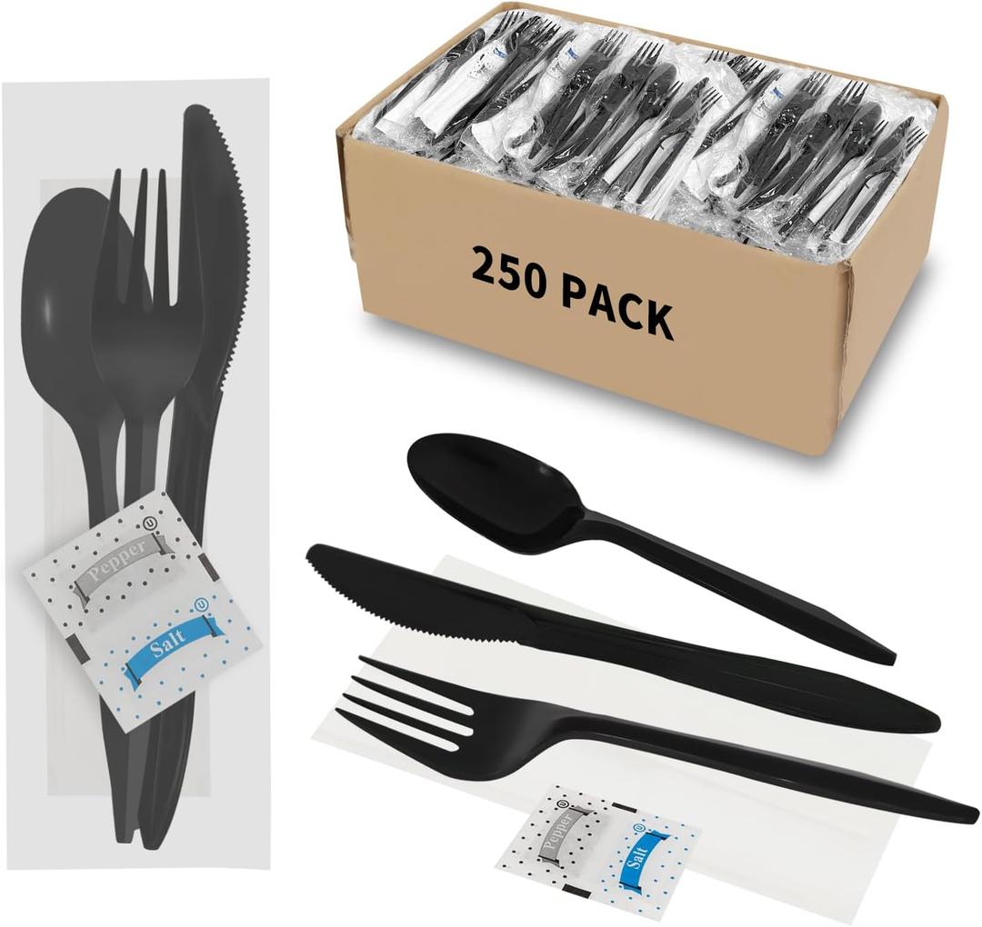 250Pack Plastic Cutlery Packets, Knife Fork Spoon Napkin Salt Pepper Sets, Individually Wrapped Black Plastic Cutlery Packets for Delivery, Cafeterias, Restaurants