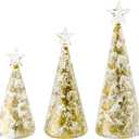 Red Co. 9.5", 8", and 6.5" Glass Christmas Tree Figurine Ornaments in Gold and Silver Finish, Light-Up Holiday Season Decor, Set of 3 Sizes