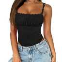 Saslax Women's Sexy Square Neck Lace Sleeveless Bodysuit Tank Tops Double Lined Thong Body Suit Going Out Outfits Black S