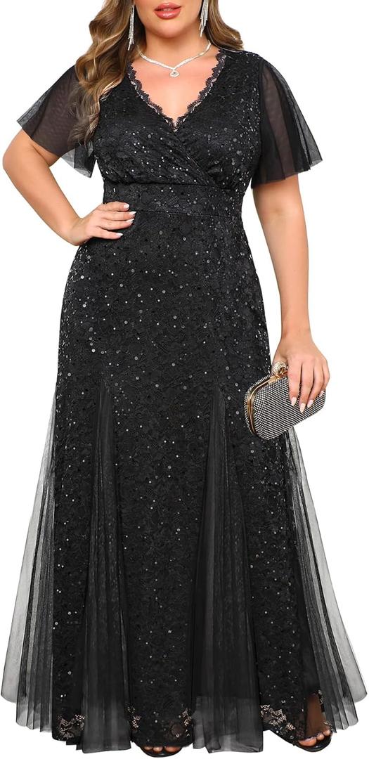 Plus Size Formal Dress - Evening Gowns Wedding Guest Mother of The Bride Sequin Lace Mermaid Tulle Hem Prom Long Dress (Black, XL)