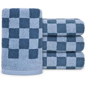Jacquotha Bathroom Hand Towels Set of 4, Checkered Towels for Bathroom Face Hair Kitchen, Luxurious Cotton, Soft and Fluffy, 13x29 Inches, Blue, Men Women