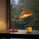 NUSRAN Woven Rattan Table Lamp, Boho Plug in Handmade Rattan Shade & Anti-Rust Iron Base Desk Lamp, Plug & Play Vintage Dark Brown Bedside Lamp for Living Room, Office, Bedroom 【Bulb Included】