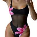 OYOANGLE Women's Floral Sheer One Piece Swimsuits Contrast Sheer Scoop Neck Bathing Suits Hawaiian Swimwear (Medium, Black)