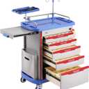 VEVOR Medical Crash Cart, Nursing Emergency Rolling Cart with 5 Drawers & 4 Silent Wheels, Adjust IV Pole, Needle Disposal Holder, Trash Bin, O2 Holder, Mobile Trolley for Hospital, Clinic, Lab, Salon