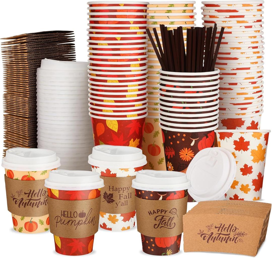 100 Set 12 oz Winter Christmas Hot Coffee Cups Disposable with Lids and Sleeves Hot Cocoa Cups for Winter Christmas Thanksgiving Birthday Party Supplies (Maple Leaf, White)